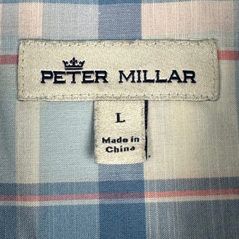 Peter Millar Button Up Plaid Shirt Mens L Blue Long Sleeve Stretch Preppy Office